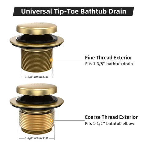 Slick Brushed Gold Tub Drain And Overflow Kit, Universal Heavy Duty Bath Stopper for standard 1-3/8 and 1-1/2 inch pipes.