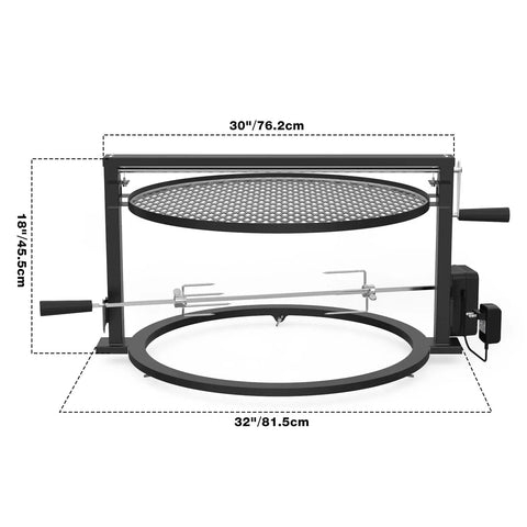 Santa Maria Style Rotisserie Rotating System for Solo Stove Yukon 27 Inch Smokeless Fire Pit with dimensions shown
