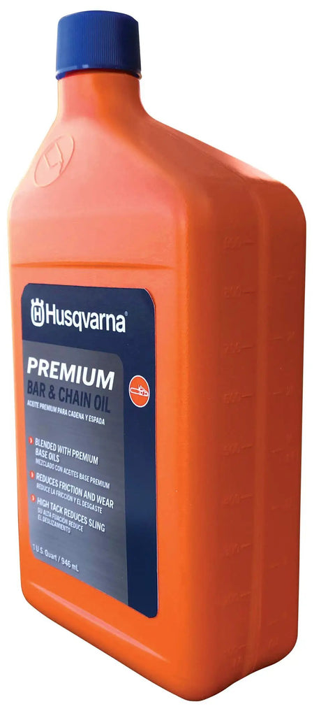 X Guard Premium All Season Mineral Bar And Chain Oil For Chainsaws, 1 quart bottle, orange and blue packaging.
