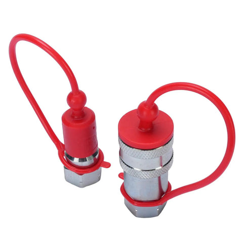 Kick Ass Hydraulic Quick Connect Coupler Set One Quarter Inch NPT ISO7241A Hardened Steel Built 4000 PSI High Pressure Rated With Dust Caps For Tight No Leaks Connections On Heavy Equipment Or Tractor Jobs Guaranteed Solid Performance. red-capped hydraulic coupler pair with dust covers