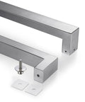 18 Inch Solid Standoffs Built Tough Heavy Duty Commercial Grade 304 Stainless Steel Push Pull Door Handle for Glass and Barn Doors with a Full Brushed Finish, angled view