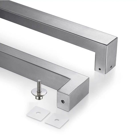 18 Inch Solid Standoffs Built Tough Heavy Duty Commercial Grade 304 Stainless Steel Push Pull Door Handle for Glass and Barn Doors with a Full Brushed Finish, angled view