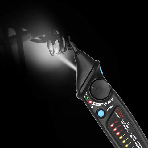Non Contact Voltage Detector Pen AVD06 12-1000V with Auto and Manual Modes, detecting voltage with LED indicator and flashlight shown