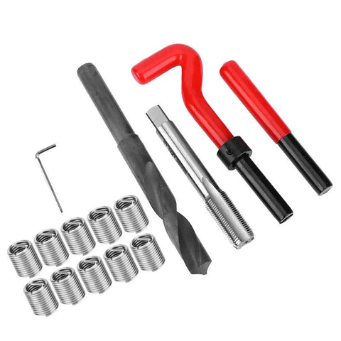 15-Piece M14x1.25 Thread Repair Kit Stainless Steel with twisted drill, tap, wrench, breaker, and 10 threaded inserts displayed.