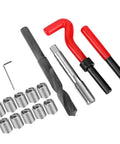 Heavy Duty M14x1.25 Thread Repair Kit Stainless Steel 15 Piece Set With Drill Tap Wrench Breaker Hex Wrench And 10 Stainless Inserts For Auto Repairs And High Voltage Gear, tools and inserts laid out