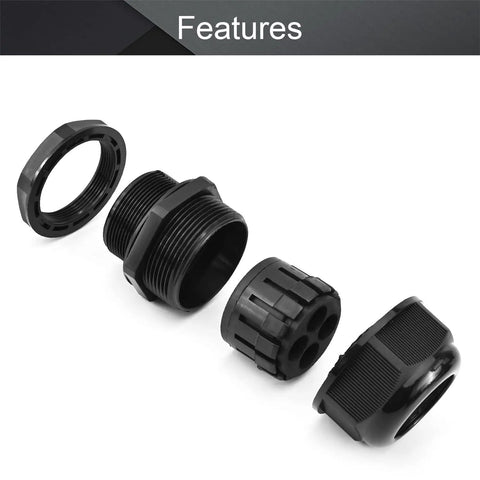 M40 Cable Gland With 4 Holes Waterproof Nylon showing its black components, locknut for 12-10mm wires.