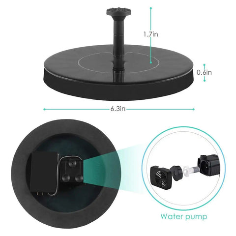 Diagram of 6.3in upgraded mini solar powered fountain pump for bird baths and garden ponds, showing dimensions and water pump