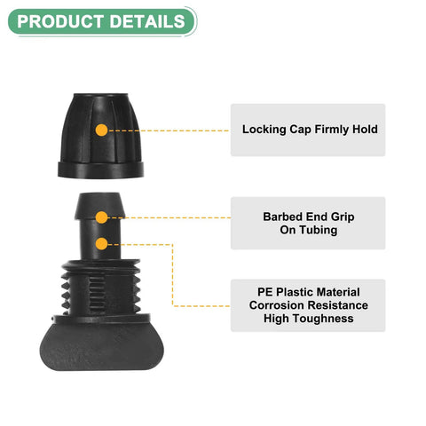 20 Pack Drip Irrigation Barbed Locking Fittings And End Caps Three Eighths Inch Tubing Connectors Easy Clamp On Plastic Coupling details