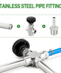 Installed view of a 304 stainless steel 3-way needle valve with 1/8 in NPT female ports on stainless tubing with blue line.