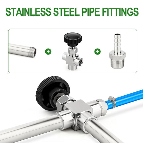 Installed view of a 304 stainless steel 3-way needle valve with 1/8 in NPT female ports on stainless tubing with blue line.