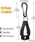 Black heavy duty glove holder clip with dimensions alongside product features banner, part of 20 Pack Glove Clips For Belt Loops.