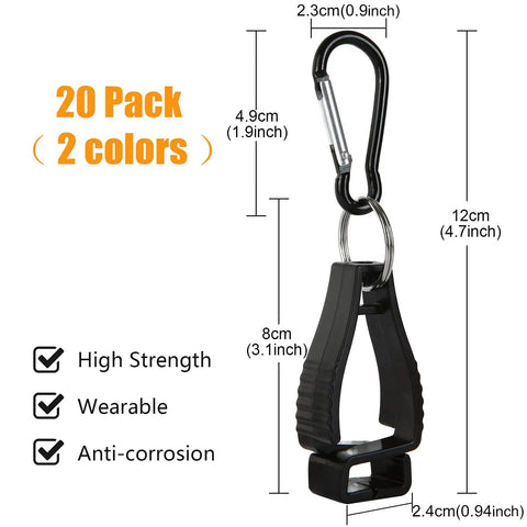 Black heavy duty glove holder clip with dimensions alongside product features banner, part of 20 Pack Glove Clips For Belt Loops.