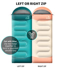 Two zipped waterproof sleeping bags showing left or right zip options, part of the Three Season Waterproof Lightweight Sleeping Bag For Adults And Kids For Camping Hiking And Outdoor Travel, Comfortable Fifty To Sixty Eight Fahrenheit Temperature Range, Cold Weather Ready, Easy To Pack, Durable And Cozy line.