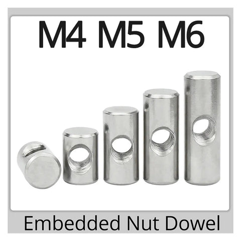 Heavy Duty 304 Stainless Steel Barrel Nut Set For Wood Furniture M4 M5 M6, showing five slotted nuts in varying sizes.