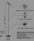 Diagram of Tall LED Floor Lamp With Foot Switch 66 Inch Modern Standing Lamp showing adjustable head, 2 rods, and foot switch.