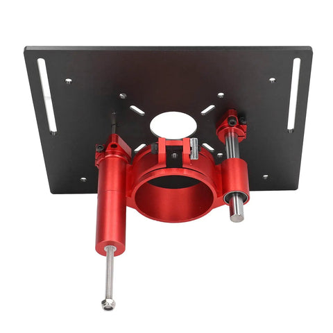 Router Table Insert Plate With Aluminum Mounting Base And Adjustable Lift Rings For Woodworking Setups showing red aluminum lift mechanism.