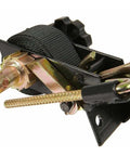 Close-up of One And A Half Inch Ladder Rack Ratchet Straps With J Hooks, 7 Foot Length, 500 Lb Working Load, steel mount visible