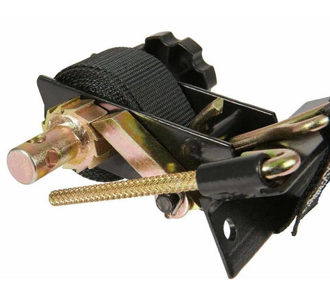 Close-up of One And A Half Inch Ladder Rack Ratchet Straps With J Hooks, 7 Foot Length, 500 Lb Working Load, steel mount visible