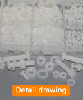 All In One White Nylon Pan Head Screws And Nuts Kit With Washers, Full Thread Hex Bolts From M2 To M6, 500 Pieces Displayed