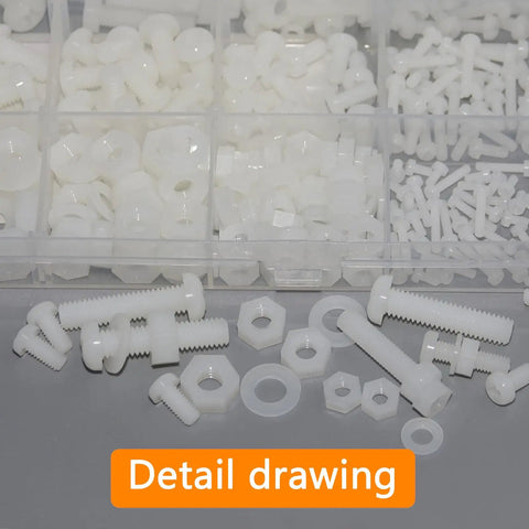 All In One White Nylon Pan Head Screws And Nuts Kit With Washers, Full Thread Hex Bolts From M2 To M6, 500 Pieces Displayed