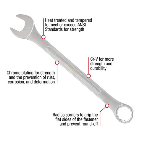 14 Piece SAE Combination Wrench Set With 15 Degree Box End Offset Radius Corner Design Chrome Plated For Rust Resistance And Tough Durability Easy Grip For Pro Mechanics And Weekend Warriors, close-up on single wrench with labeled features