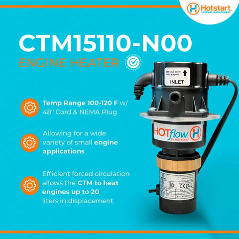 CTM15110-N00 Engine Heater for small engines, 100-120°F temp range, with 48' cord, suitable for up to 20 liters in displacement.