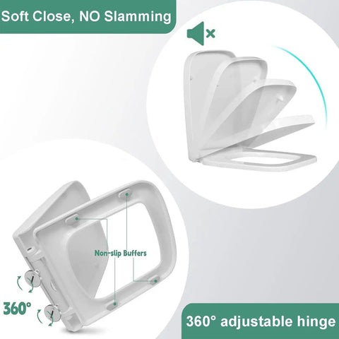 Square Soft Close Toilet Seat Brings A Smooth Operator Vibe With Quick Release Plate And Adjustable Hinges For Absolutely Zero Trouble Daily Bathroom Cleanups, showing 360° adjustable hinge and non-slip buffers.