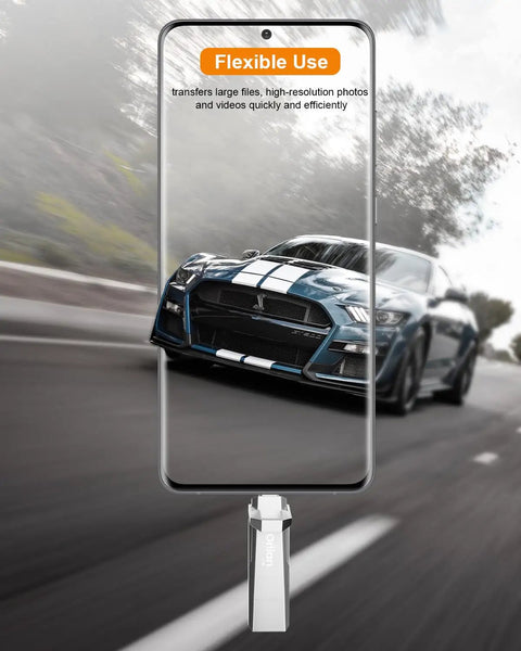 Phone displaying high-speed car image with 1TB External Portable SSD With Dual Type C And USB A Ports USB 3.2 Gen 2 Up To 1000MB Per Second