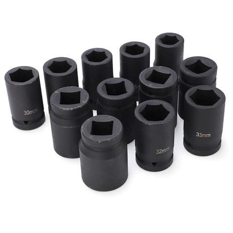Top Tier Deep Impact Socket Set 12Pcs In 1 Inch Drive Size With Massive 24-41Mm Range And Heavy Duty Build Perfect For Pros And DIY Mechanics Looking For Serious Power And Storage On The Go. 12-piece 1-inch drive deep impact sockets, black steel, 30mm, 32mm, 33mm