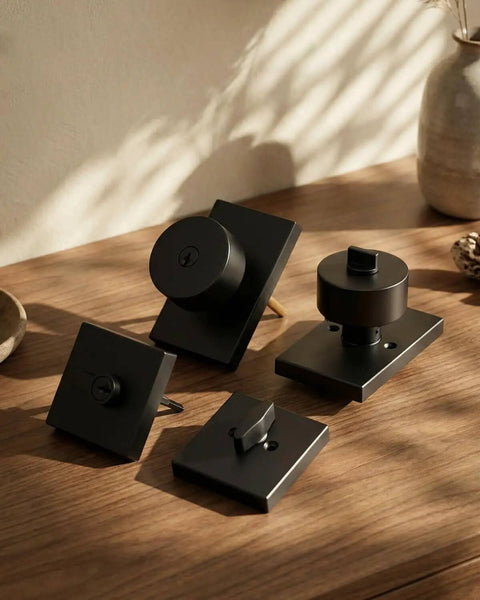 Matte Black Exterior Door Lock Set With Deadbolt, Built To Last, Front Door Knob With Lock And Key, Reversible Entry Hardware on table