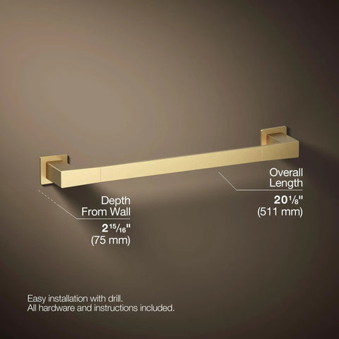 Honesty 18 Inch Towel Bar In Vibrant Brushed Moderne Brass, Modern Bath Hardware, wall-mounted, measurements shown