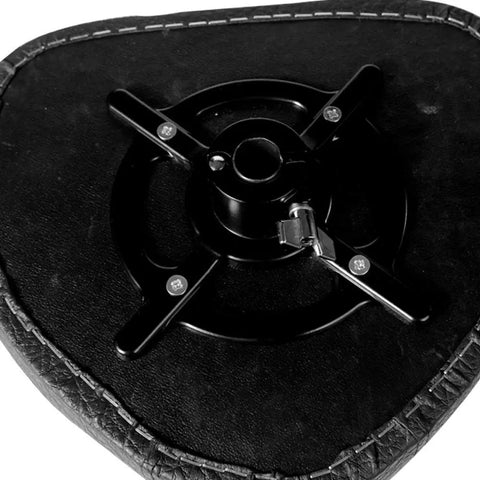 Bottom view of Straight Up Heavy Duty Drum Throne With Motorcycle Style Seat showing adjustable height mechanism in matte black.