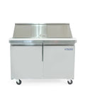 Heavy Duty Commercial Refrigerator 12 Cu Ft Slick Stainless Steel Digital Temp Controls Bright Led Display front view on wheels.