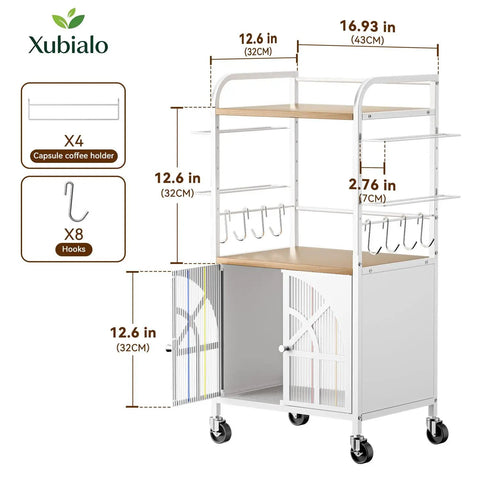 Slick 3 Tier Rolling Coffee Bar Cart For Compact Kitchens Featuring Space Savvy Corner Layout Easy Glide Casters And Nifty K Cup Pod Rack Plus Storage Hooks, shown with dimensions and features.