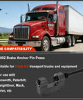 Beefy 10 Ton Brake Anchor Pin Press 16002 for Class 6-8 semi trucks, shown with compatible commercial fleet vehicles.