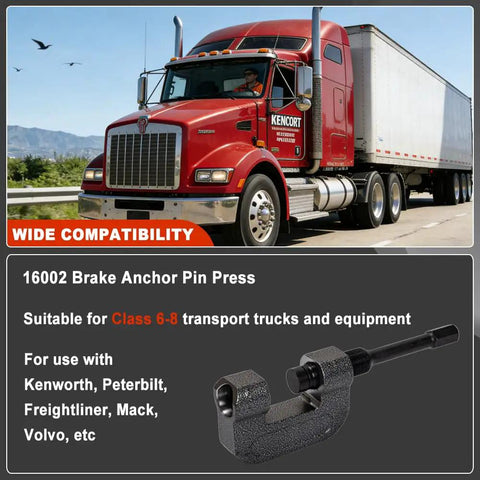 Beefy 10 Ton Brake Anchor Pin Press 16002 for Class 6-8 semi trucks, shown with compatible commercial fleet vehicles.
