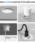 Slick Recessed Desktop Power Grommet 2.5 Inch Flush Mount Outlet installed in a table surface showing connection ports.
