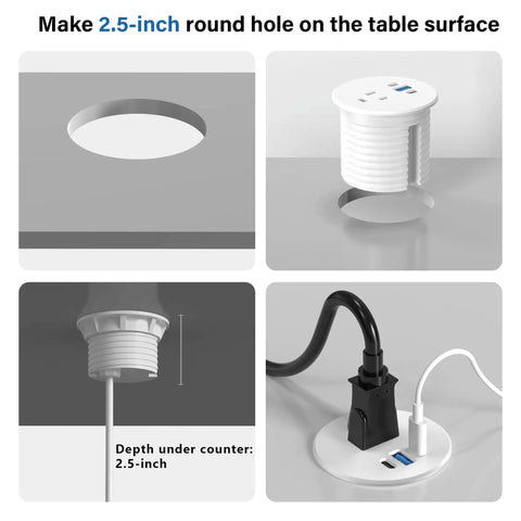 Slick Recessed Desktop Power Grommet 2.5 Inch Flush Mount Outlet installed in a table surface showing connection ports.