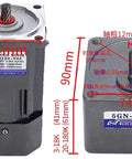 110V adjustable gear motor in cast aluminum housing with dimensions marked for shaft and housing, ideal for DIY and automation projects.