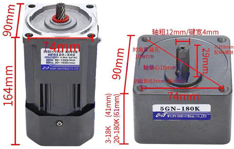 110V adjustable gear motor in cast aluminum housing with dimensions marked for shaft and housing, ideal for DIY and automation projects.