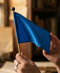 Person holding a small blue flag on a wooden stick with a black ball top, indoor scene with blurred background.