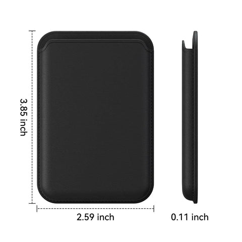 MagSafe Leather Card Holder With Beefy Magnetic RFID Shield For iPhone 12 Through 17 Series Pro And Pro Max Stick On Wallet Case N52 Magnets RFID Blocking Slim Black front and side view with dimensions.
