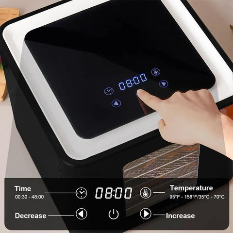 Premium Stainless Steel Food Dehydrator With Led Digital Touch Screen displaying timer and temperature settings for drying fruits and veggies.