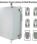 Beefy Outdoor Junction Box With Hinged Cover IP67 Weatherproof ABS Enclosure shown with stainless steel latches and wall brackets