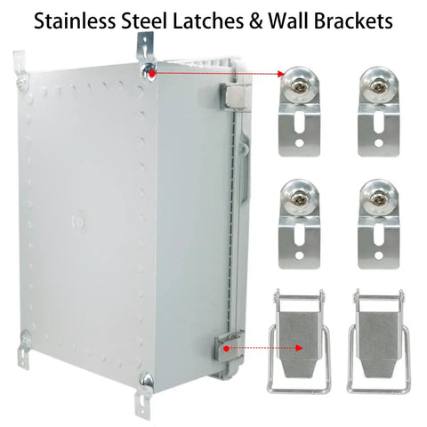 Beefy Outdoor Junction Box With Hinged Cover IP67 Weatherproof ABS Enclosure shown with stainless steel latches and wall brackets