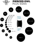 Pierced Owl plug size chart showing various dimensions from 2mm 12GA to 51mm 2 inch, including spiral tapered hanger ear plugs 10mm 00GA.
