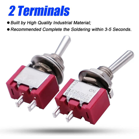 Close-up of red and silver 8 Pack SPST Mini Toggle Switches On Off 2 Terminal 2 Position 6A 125V 3A 250V for DIY projects
