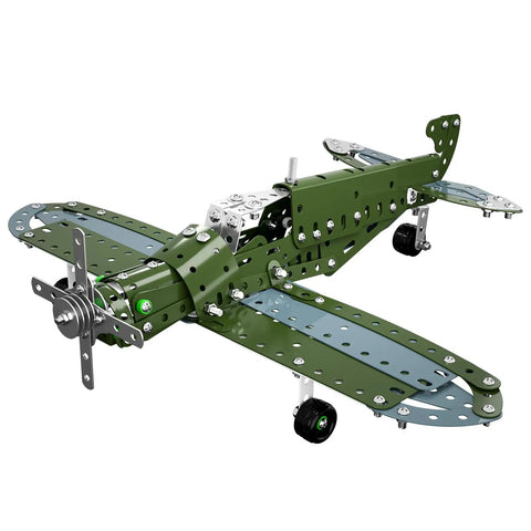Completed Metal Aircraft Building Kit For Kids 8 To 12 258 Piece STEM Construction Set with green and silver metal parts.