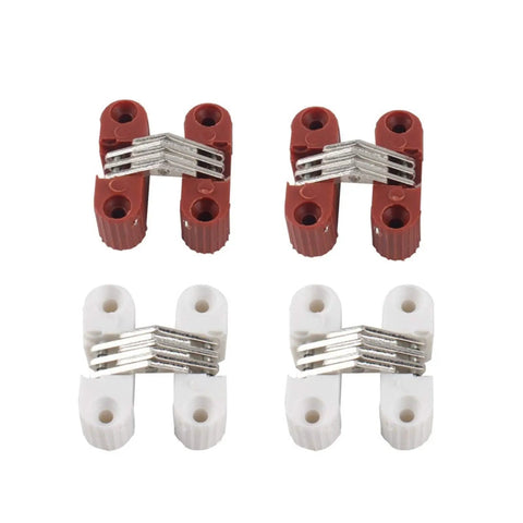 4 Piece Rock Solid White Hidden Hinges 33X11Mm Foldable Cross Hinges For Doors Windows Furniture Table Repair Heavy Duty Plastic With Reinforced Core Non Fading Coating Plug And Play Setup For Quick Fixes displayed in red and white colors.