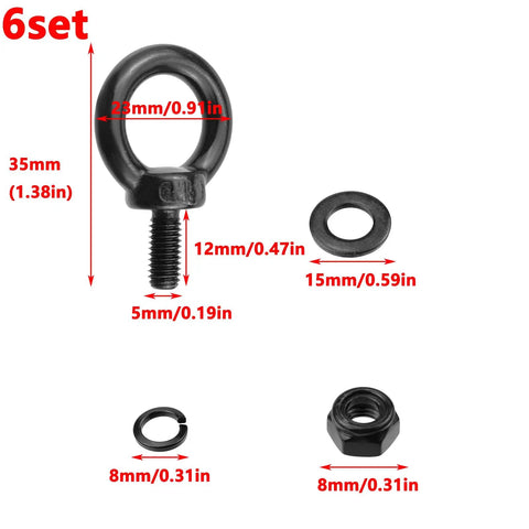 Stainless Steel M5 Shoulder Eyebolts Set With Nuts, Lock Washers And Flat Washers For Heavy Duty Lifting, 6 Pack, 304 Grade, 1.38 Inch Overall Length